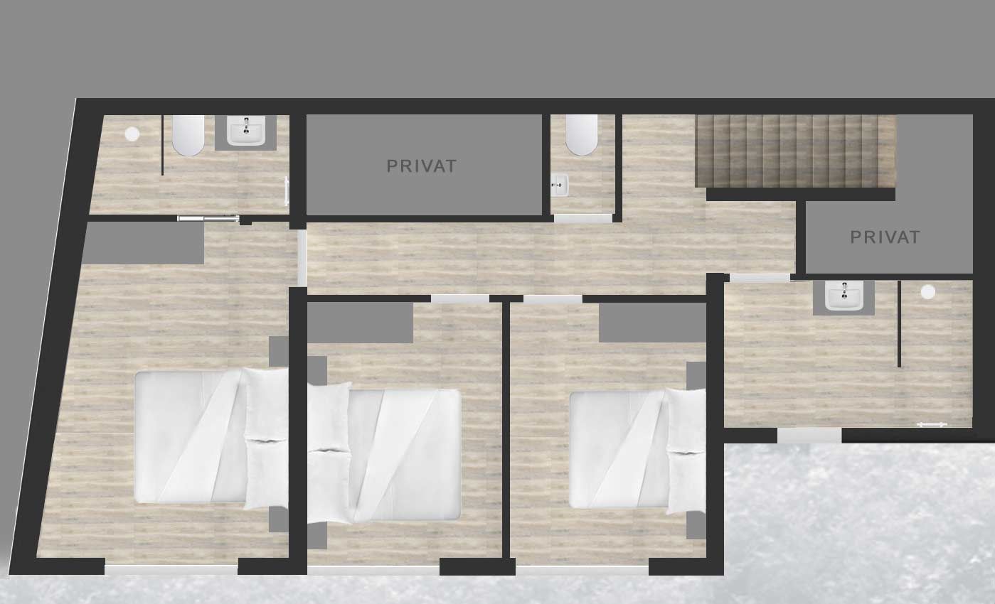 RIDERS Suite Grundriss Schlafebene mit drei Schlafzimmern