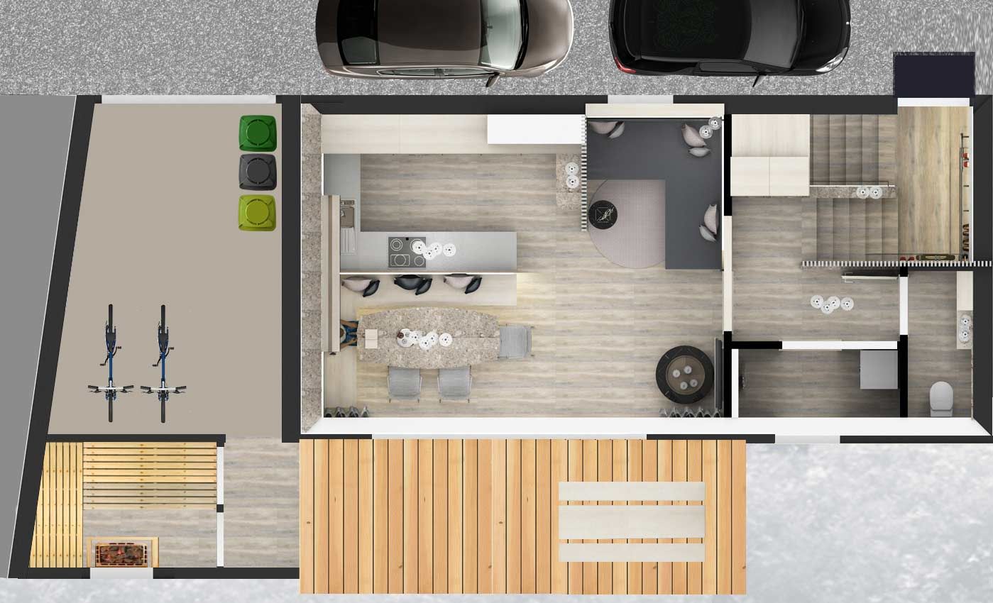RIDERS Suite Grundriss Wohnebene mit Küche und Sauna